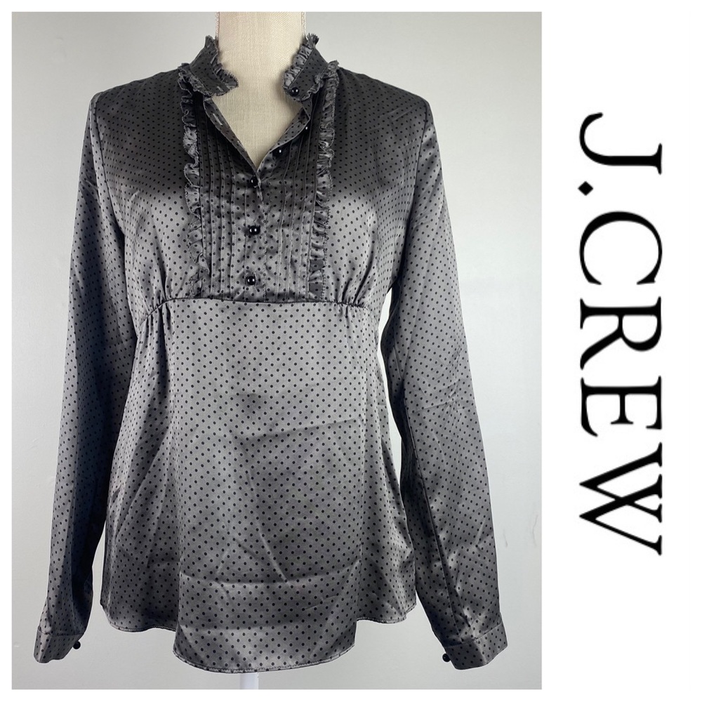 J,Crew Silver/Gray and Black Polka Dot Silk Dress Shirt, Size 6